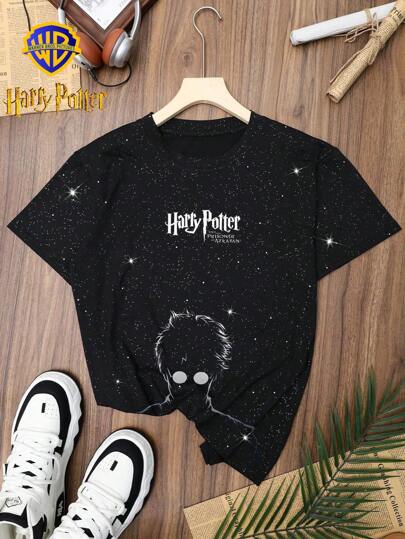 Warner Bros LILL, Autumn "Harry Potter" Pattern T-Shirt Top, Starry Glitter Round Neck Fitted Black Short Sleeved T-Shirt, Casual Holiday Party Back To School T-Shirt Top
