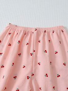 樱桃印花睡衣套装，甜美可爱翻领纽扣短袖上衣和长裤，女士睡衣和家居服 - 粉色 - 查看 6