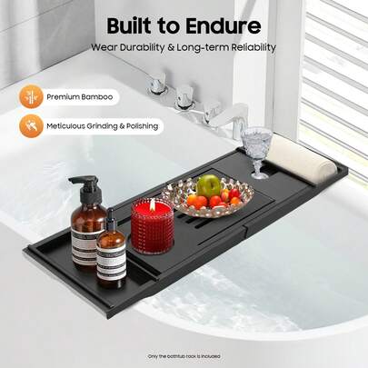 Miumaeov Adjustable Bamboo Bathtub Tray 75-111cm Black Rectangular Freestanding For Wine Books Tablet