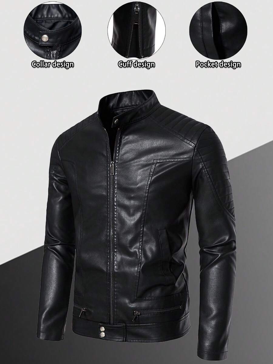 Men's Stand Collar Fitted Faux Leather Rave Jacket With Zipper Pockets, Motorcycle Style Men Zip Up PU Leather Jacket