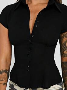 Women's Y2K Plaid Shirt Button-Up Short Sleeve Collared Slim Fit Casual Summer Blouse Tops - màu đen - Xem 2