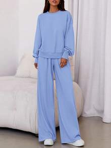 Womens 2 Piece Sets Long Sleeve Sweatshirt Wide Leg Pants Loose Matching Lounge Set  Fall Outfits - Blue - View 2