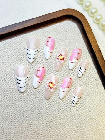 10 pièces/SET Ongles à pointe longue et pointue avec base transparente nude, lignes noires, fleurs roses, lignes rouges et détails jaunes. Pointes d'ongles réutilisables 3D/5D à application rapide pour une beauté des ongles élégante et féminine, parfait pour les femmes et les filles