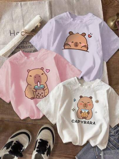 Bộ 3 áo thun cổ tròn tay ngắn in họa tiết thường ngày cho bé gái tuổi teen, áo mùa hè