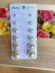 6 pares de pendientes clásicos y sencillos con perlas blancas, sin caja de regalo, ¡solo los pendientes! Adecuados para el uso diario de las mujeres