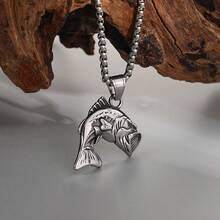 Collana con ciondolo in acciaio inossidabile a forma di pesce persico dalla bocca grande - Pendente a forma di pesce persico che salta - Regalo amuleto per pescatori