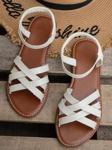 2025 Sandálias Femininas Planas Confortáveis de Cor Sólida com Bico Redondo, Moda Versátil com Tiras Cruzadas, Novos Sandálias Casuais de Verão com Tiras Abertas e Leves