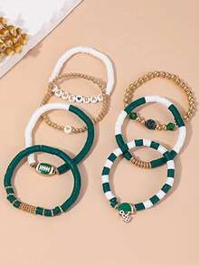7Pcs/Set Game Day Stackable Sports Rugby Charm Bracelet Jewelry For Women Men - Perfect For Football Fans - Green - View 3