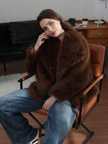 HH Faux Fur Jacket For Women Elegant Solid Lapel Long Sleeve Coat Casual Loose Female Winter Oversize Lady Chic Streetwear Jakcets - 紫紅色 - 查看 6