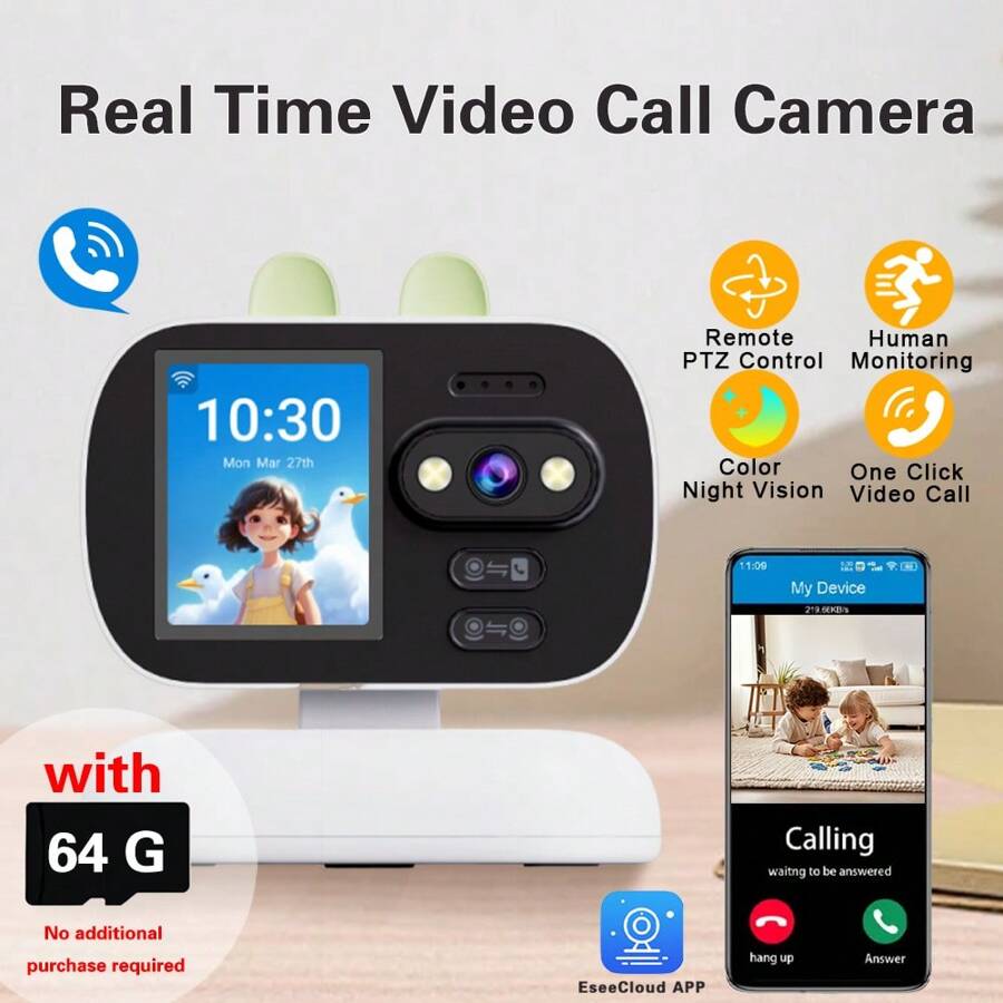 智能 WiFi 室内安全摄像头，家庭安全摄像头，具有双向视频通话、时间显示、WiFi 连接，包括运动跟踪、彩色夜视、远程 PTZ 控制功能、USB 电源，适用于婴儿护理、宠物监控、老人护理和家庭安全。 - 白色 - 查看 1