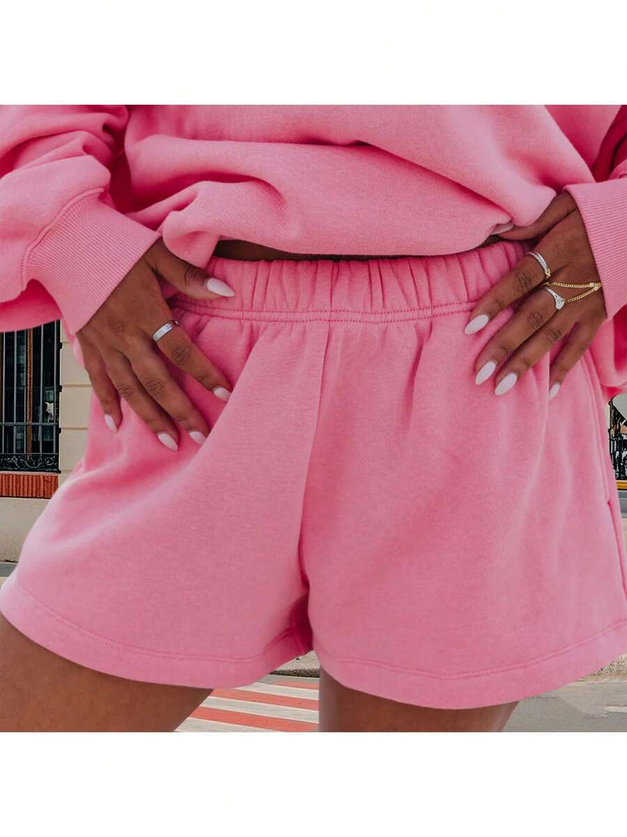 Women Athletic Shorts Loose Fit Solid Color Drawstring Sweatshorts For Yoga Running - 玫紅色 - 查看 1