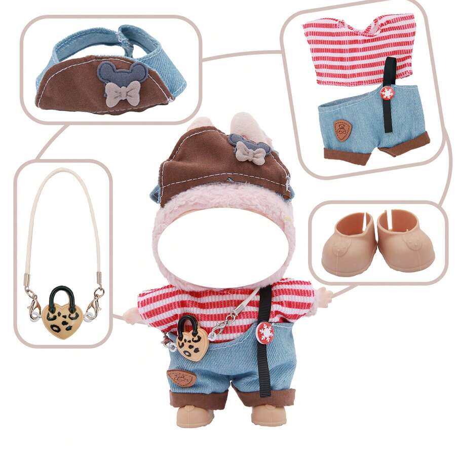 Latzhosen-Set mit Haarzubehör, Umhängetasche, Schuhe (ohne Plüschpuppe, nur Kleidung und Accessoires)