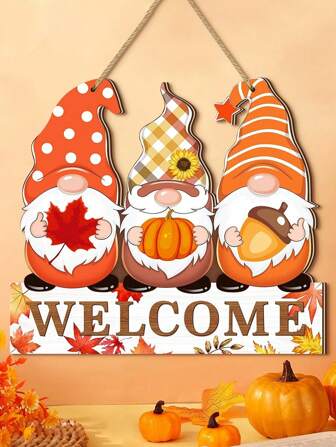 1pcGnomes Fall Hanging Sign Thanksgiving Wooden Signs, Fall Welcome Door Sign Decor, Wooden Signs Decorative Wall Plaque, Rustic Front Door Yard Farmhouse Home Autumn Harvest Decorations Fall Decor Halloween Autumn Decor