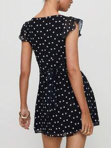 Women Y2k Dot Print Tank Mini Dress Flying Sleeve V Neck Ruffle Hem Bodycon Short Dress Summer Backless Slim Fit A-Line Going Out Dresses For Daily Party Club Wear - 黑色 - 查看 2