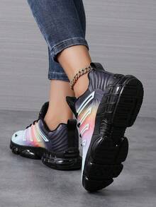 秋冬女士优质彩虹低帮系带运动鞋，经典舒适透气软底休闲网球跑步运动鞋，适合所有季节。时尚气垫减震百搭鞋 - 黑藍 - 查看 3