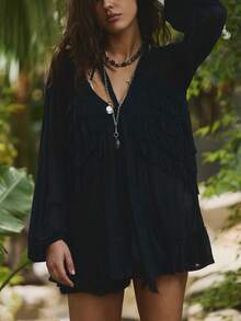 Womens Y2K Sheer Mesh Frill Shirt Tops Solid Color See Through Long Puff Sleeve V Neck Ruffle Hem Loose Fit T Shirts Blouses Boho Peplum Shawl Shirts With Scarf Set Fall Going Out Tops Beach Cover Up Vacation Streetwear - 黑色 - 查看 1