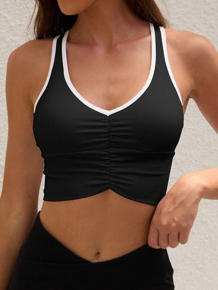 ATTRACO Women's White V Neck Ruched Sleeveless Sports Tank Top, Removable Padded Racerback Colorblock Workout Sports Bra Summer - 黑與白 - 查看 1