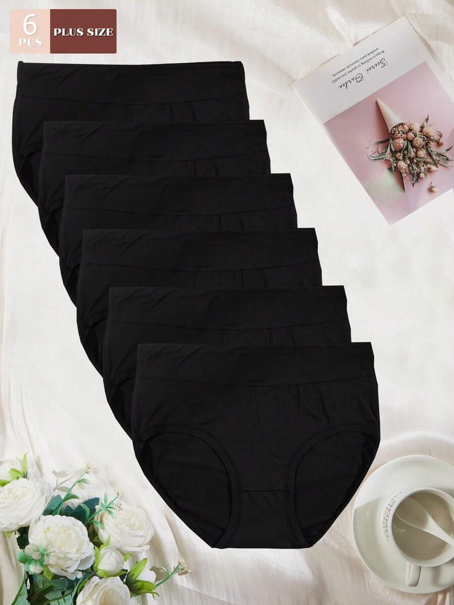 6pcs/Pack Plus Size Women's High Waist Solid Color Elastic Comfortable Briefs