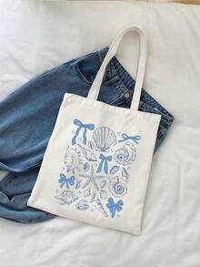 1pc Foldable Reusable Tote Bag With Blue Bowknot Pattern, Large Capacity Casual Grocery Bag, Minimalist Bohemian Style Handbag Suitable For Work, Travel, Shopping, School And More - Beige - View 15