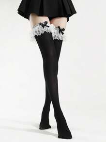 1 双日式蕾丝蝴蝶结多层花卉大腿袜，修身洛丽塔芭蕾过膝袜，Y2k - 彩色 - 查看 4