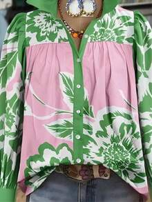 2025 Women's Vintage Floral Print Casual Long Sleeve Shirt - Pastel Green Geometric Pattern, Button Regular Fit Summer Top, Opaque Fabric - 彩色 - 查看 2