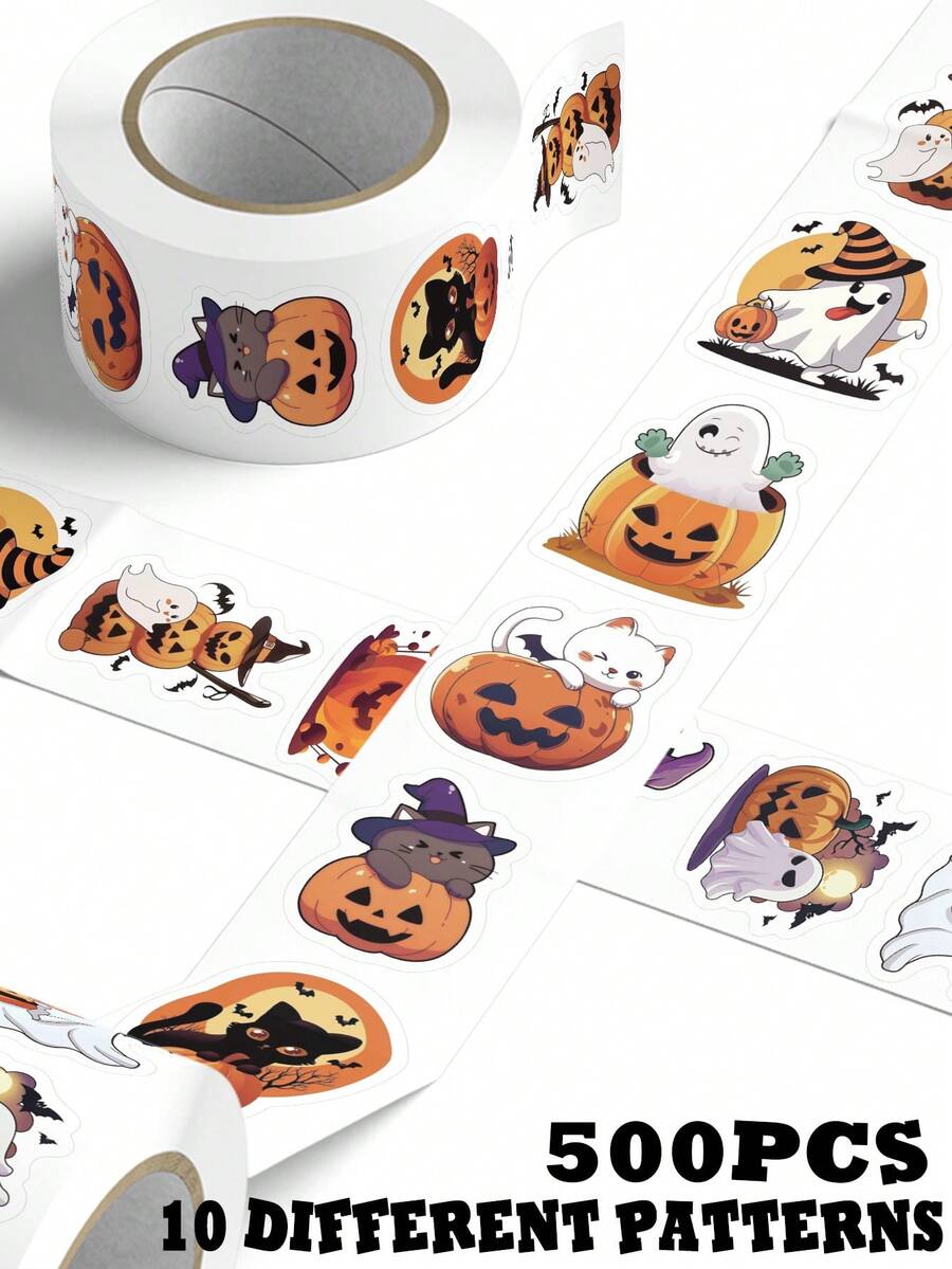 500pcs/Roll Pumpkin & Ghost Stickers, Funny DIY Decor For Notebook, Laptop, Cup, Planner, Envelope, Halloween Decoration - Multicolor - View 1