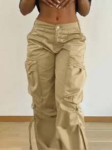 Women's Y2K Streetwear Flap Pocket Strap Detail Loose Casual Wide Leg Parachute Cargo Pants