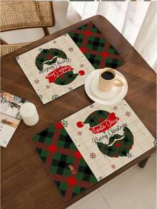 2pcs/4pcs/6pcs/8pcs Christmas Linen Placemat, Green Plaid Santa Claus Head Print Pattern Placemat, 12*18 Inch Heat Resistant And Non-Slip Washable, Suitable For Christmas Holiday Farmhouse Family Gathering And Party Decoration Placemat