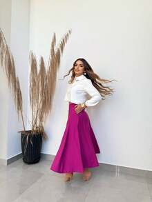 Women's Tailored Midi Skirt With Flared Sensory Design And Elegant Pocket - Rose Red - View 2
