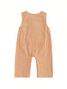 Baby Boy Halloween Clothes, Baby Pumpkin Outfits, Ghost Baby Clothes Boy, Newborn Boy Summer Overalls, Ghost/Pumpkin Embroidered Plaid Crew Neck Sleeveless Jumpsuit For Fall