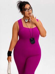 Plus Size Women Seamless High Elasticity Jumpsuit, Sexy Outdoor Fitness Yoga Wear, Solid Color, Slim Fit, Casual Daily Wear