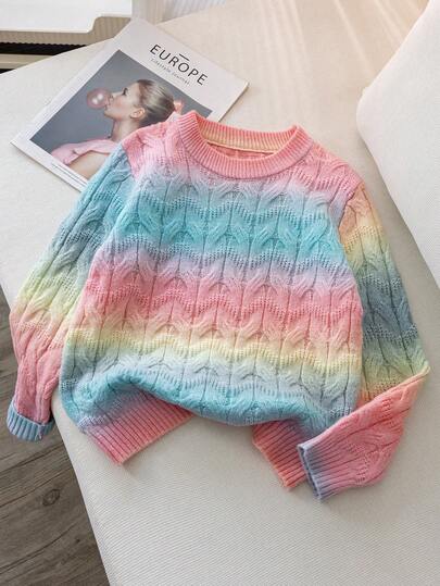 Tween Girls Ombre Knit Pullover Sweater, Cute Style Suitable For Vacation, Daily Wear, Spring, Autumn, Winter