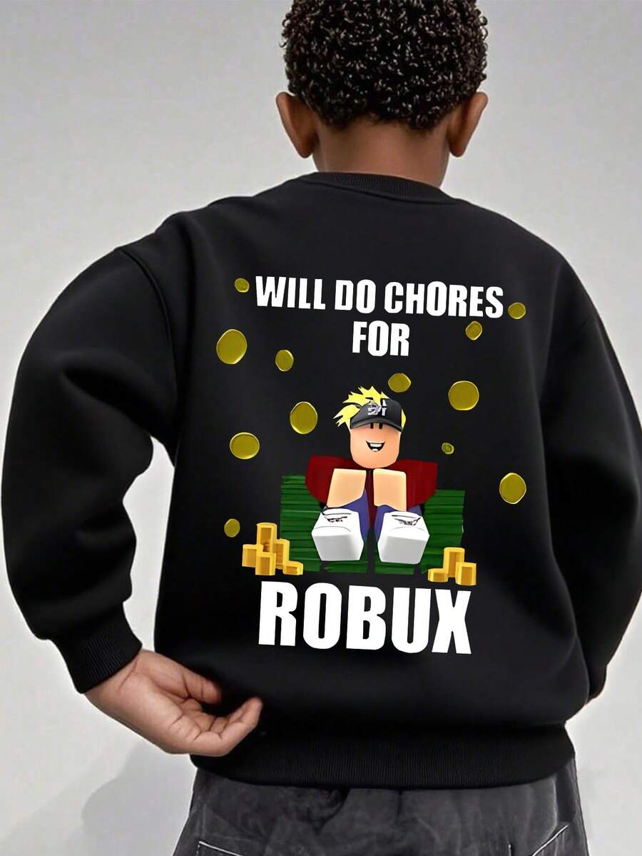 1 Boys' Long Sleeve Crew Neck Sweatshirt, Printed With Fun Text Graphics, Suitable For Beginners And Pro Players To Earn Robux, Providing Comfortable, Fashionable, Casual Autumn/Winter Style For Young Boys/Teenage Boys/Adolescent Boys