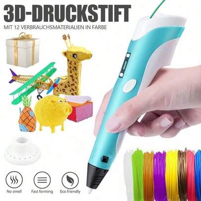 1-teiliges blaues 3D-Druckstift-Set, 3D-Stereo-Druckstift mit LED-Anzeige, wird mit 12 x 3 m Material geliefert, einfach zu bedienen und zu verwenden, für den täglichen Gebrauch geeignet.