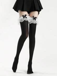1 双日式蕾丝蝴蝶结多层花卉大腿袜，修身洛丽塔芭蕾过膝袜，Y2k - 彩色 - 查看 9