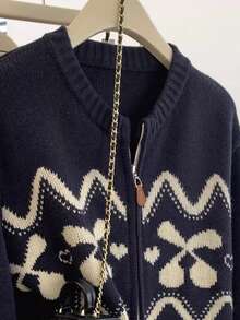 JIANHU Cozy Zip-Up Knit Cardigan For Fall/Winter, Featuring Festive Nordic-Inspired Pattern With Heart & Bow Details, Ideal For Casual Layering And Holiday Gatherings, Stylish Yet Comfortable For Your Everyday Look.