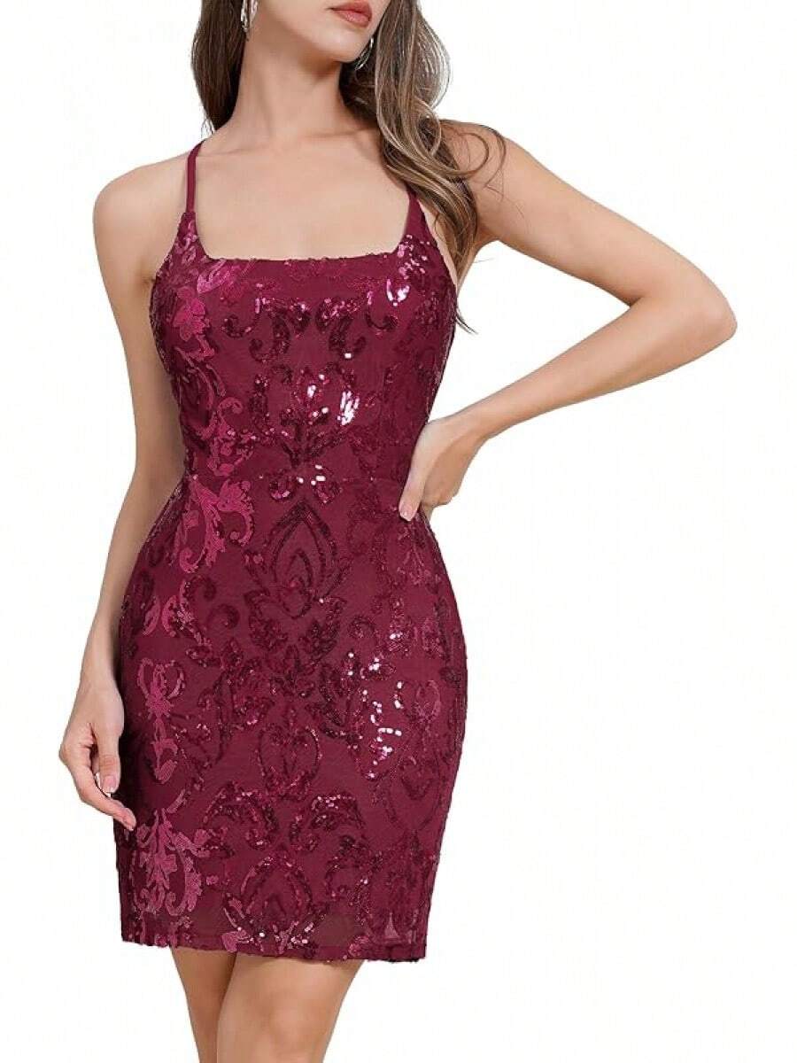 Sequin Homecoming Dresses Teens Women Sparkly Strap Bodycon Cocktail Party Night Prom Dress Vestidos De Fiesta ElegantesHalloween Christmas New Year - 紫紅色 - 查看 1