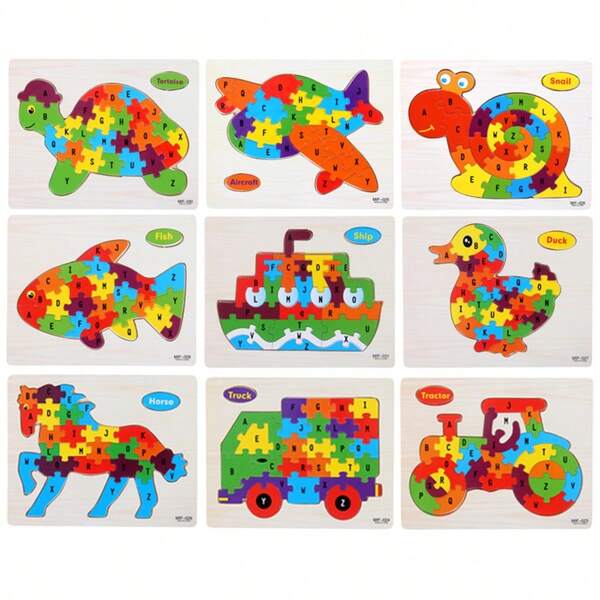 1PC Wooden English Children's 26-Letter Recognition Flat Puzzle Toy, Early Education Letter Recognition And Graphic Intelligence Toy, Cartoon Animal Puzzle, Children's Educational Wooden Toy, Children's Wooden Toy, Children's Puzzle, Improve Children's Observation Ability, Festival, Birthday, Christmas, Halloween Gift