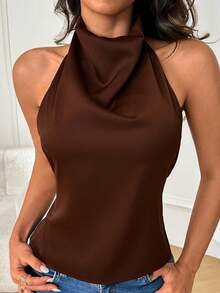 女士夏季露背吊带缎面上衣，棕色，时尚性感，适合情人节、约会、聚会、派对、旅行、度假、海滩等场合。