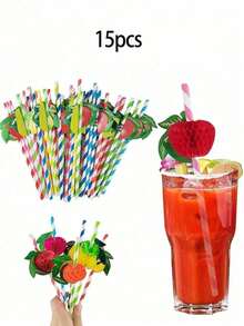 15/20/30/50 Unidades Pajitas de papel con diseño de frutas para cócteles, pajitas de papel para fiestas con frutas, pajitas para bebidas, pajitas para fiestas familiares, pajitas para cenas al aire libre y en la playa, pajitas de papel con estampado de frutas, set de fiesta tropical, pajitas hawaianas y sombrillas de frutas 3D, decoraciones de papel con sandía y piña para cócteles, Halloween, Navidad - Multicolor - Ver 12