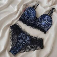 LACE LINGERIE SET WITH PADDED BRA + PANTIES SENSUAL NIGHT LINE WINTER FASHION LINGERIE - Màu xanh nhạt - Xem 3