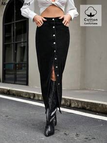 Mobula Sound 春夏时尚性感音乐节百搭时尚纽扣装饰开衩设计优雅女式长款牛仔超长裙 - 黑色 - 查看 4