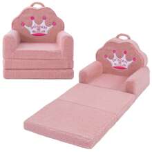 Kids Couch, 2-In-1 Convertible Soft Sherpa Fabric, Toddler Chairs Comfy 1-5 Years Old, Cartoon Animal & Crown Design, Toddler Furniture For Bedroom And Playroom, Pink Crown, Medium - 粉紅皇冠 - 查看 1