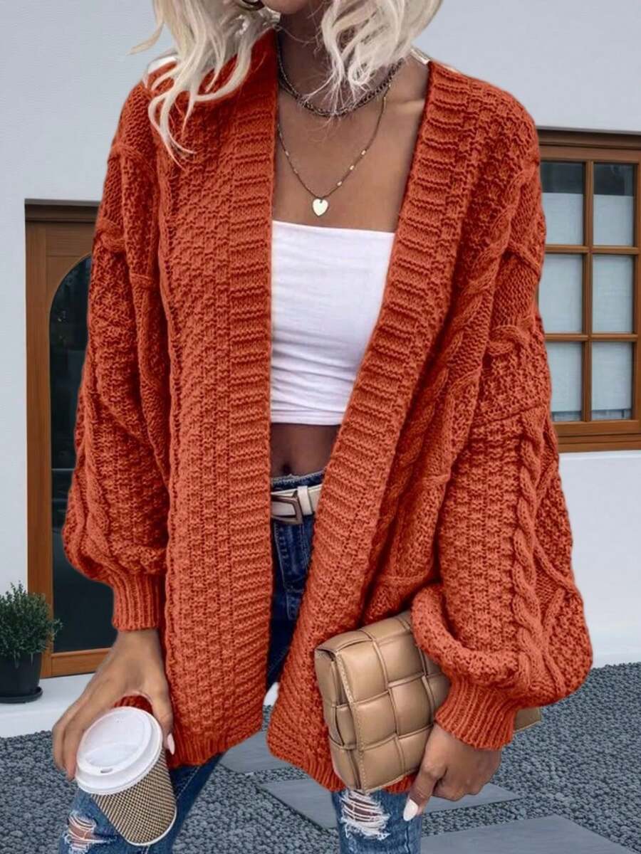 Womens Oversized Open Front Cardigan Sweaters Cable Knit Lantern Sleeve Chunky Knit Coats - Màu Cam san hô - Xem 1