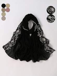 1件女士刺绣蕾丝拼接雪纺头巾，适合节日、派对和外出活动。 - 黑色 - 查看 1