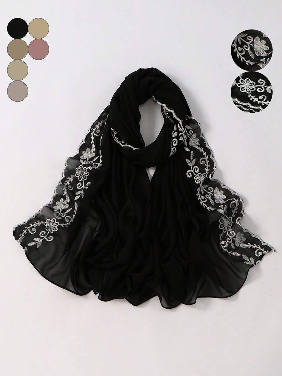 1件女士刺绣蕾丝拼接雪纺头巾，适合节日、派对和外出活动。 - 黑色 - 查看 1