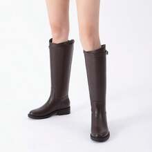 Athlefit Women's Knee High Riding Boots Round Toe Low Heel Tall Boots Pull On Long Booties With Buckle - Brown - View 6