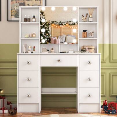 Makeup Dressing Table Set With Mirror &Push-To-Open Door 7 Drawers Vanity Desk