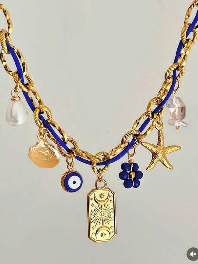 1pc European & American Luxury Flower, Heart, Starfish, Evil Eye Pendant Handmade Necklace, Versatile For Daily Wear, Vacation, Gift