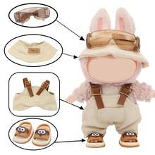 4 Stücke Set = 1 süße Sandalen + 1 Hut + 1 Sonnenbrille + 1 Hose, Arbeitskleidung mit Accessoires, für LABUBU Puppenkleidung Kollektion (ohne Puppe, nur Kleidung und Accessoires)